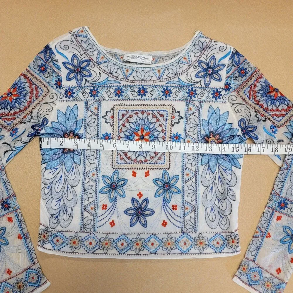 Zara Boho Hippie Women's Small Shirt White Blue Beaded Cropped Sheer Back Blouse